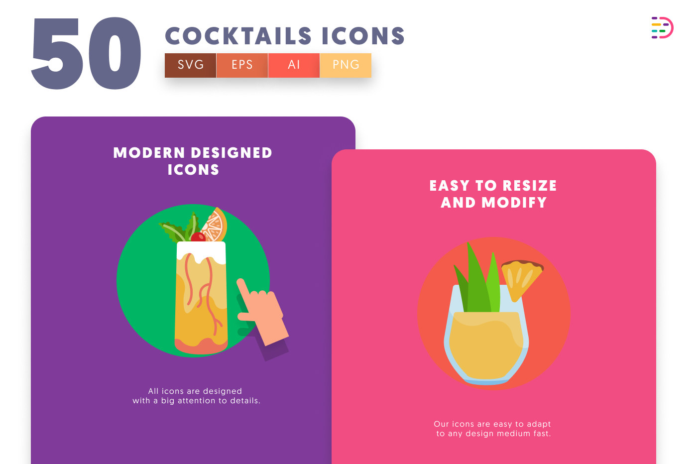 50 Cocktails Icons cover – flat circle icons in PNG, SVG and EPS