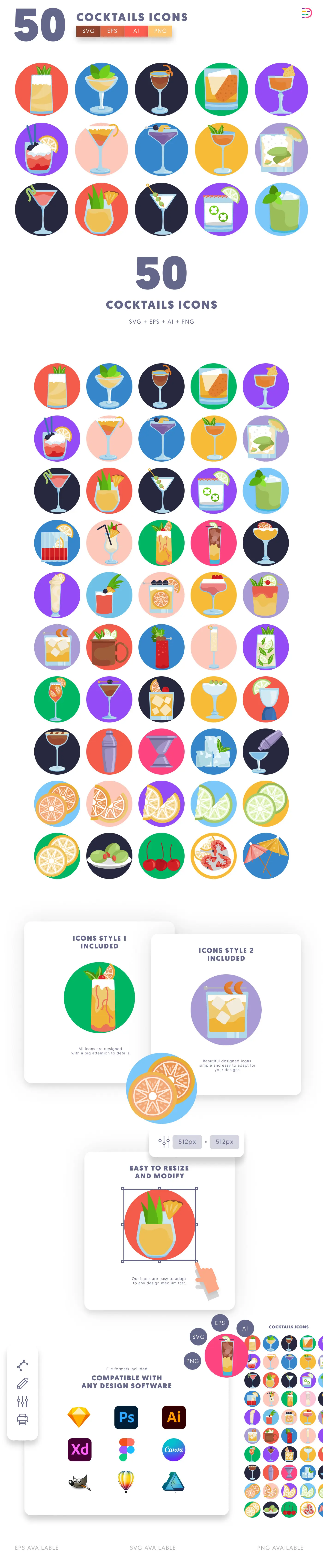 50 Cocktails Icons cover – flat circle icons in PNG, SVG and EPS