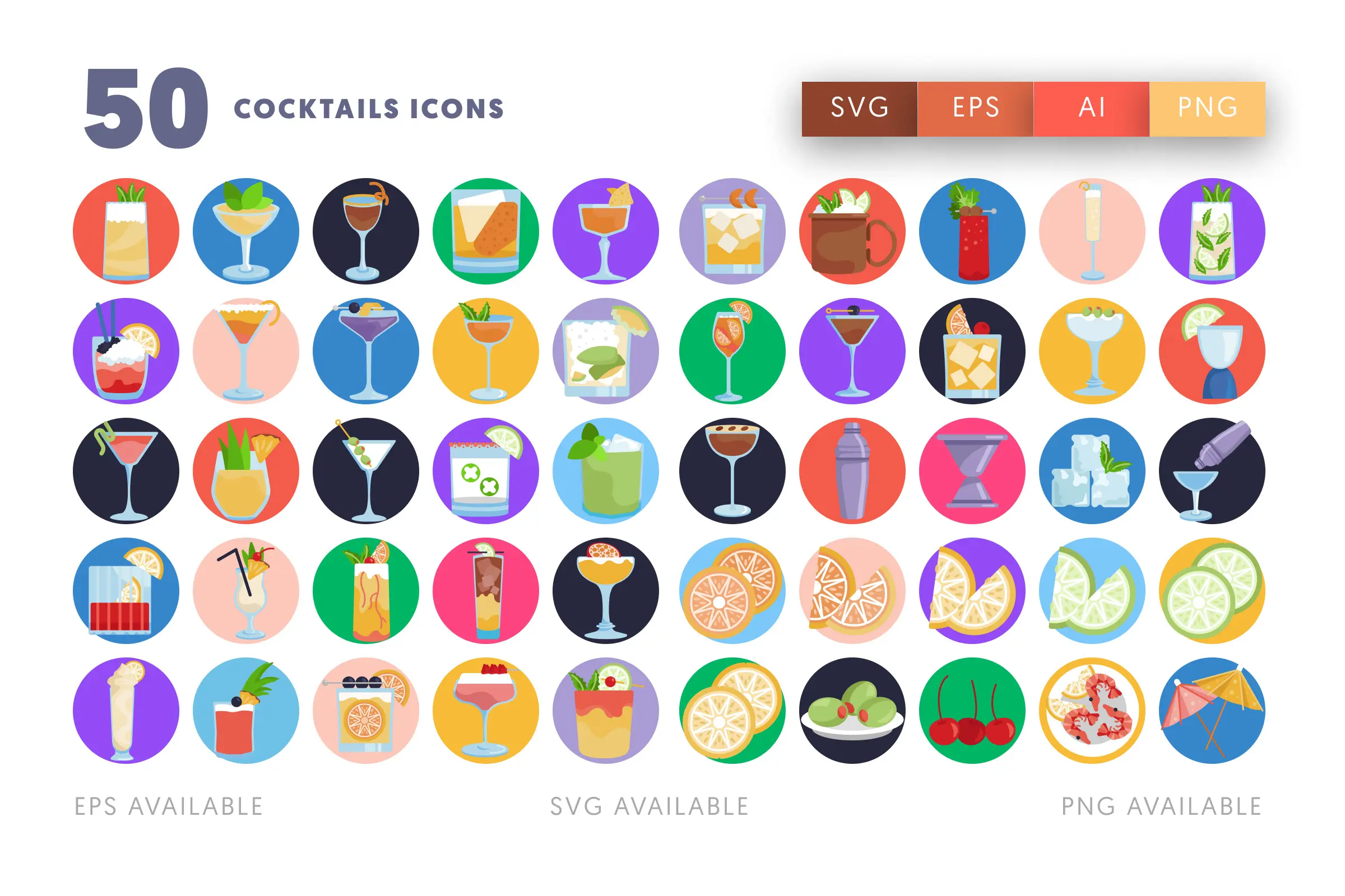 50 Cocktails Icons – flat circle icon set