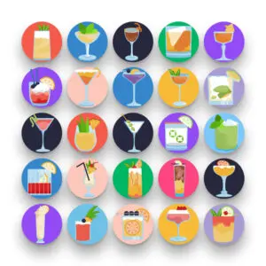 50 Cocktails Icons – set of colorful flat circle icons