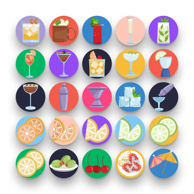 50 Cocktails Icons – set of colorful flat circle icons