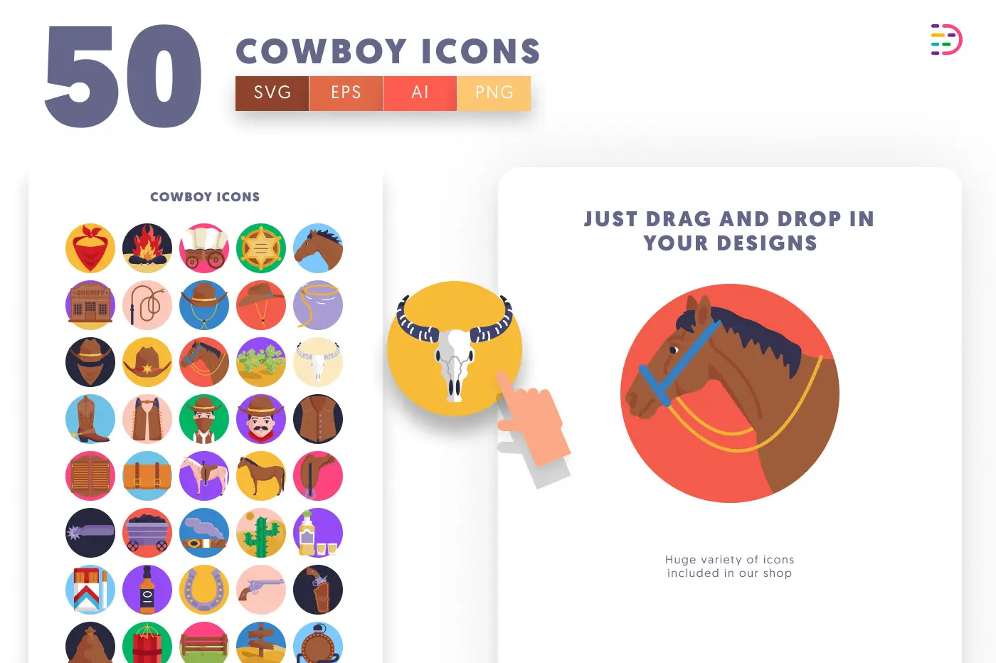 50 Cowboy Icons preview 1 – flat circle icons in PNG, SVG and EPS