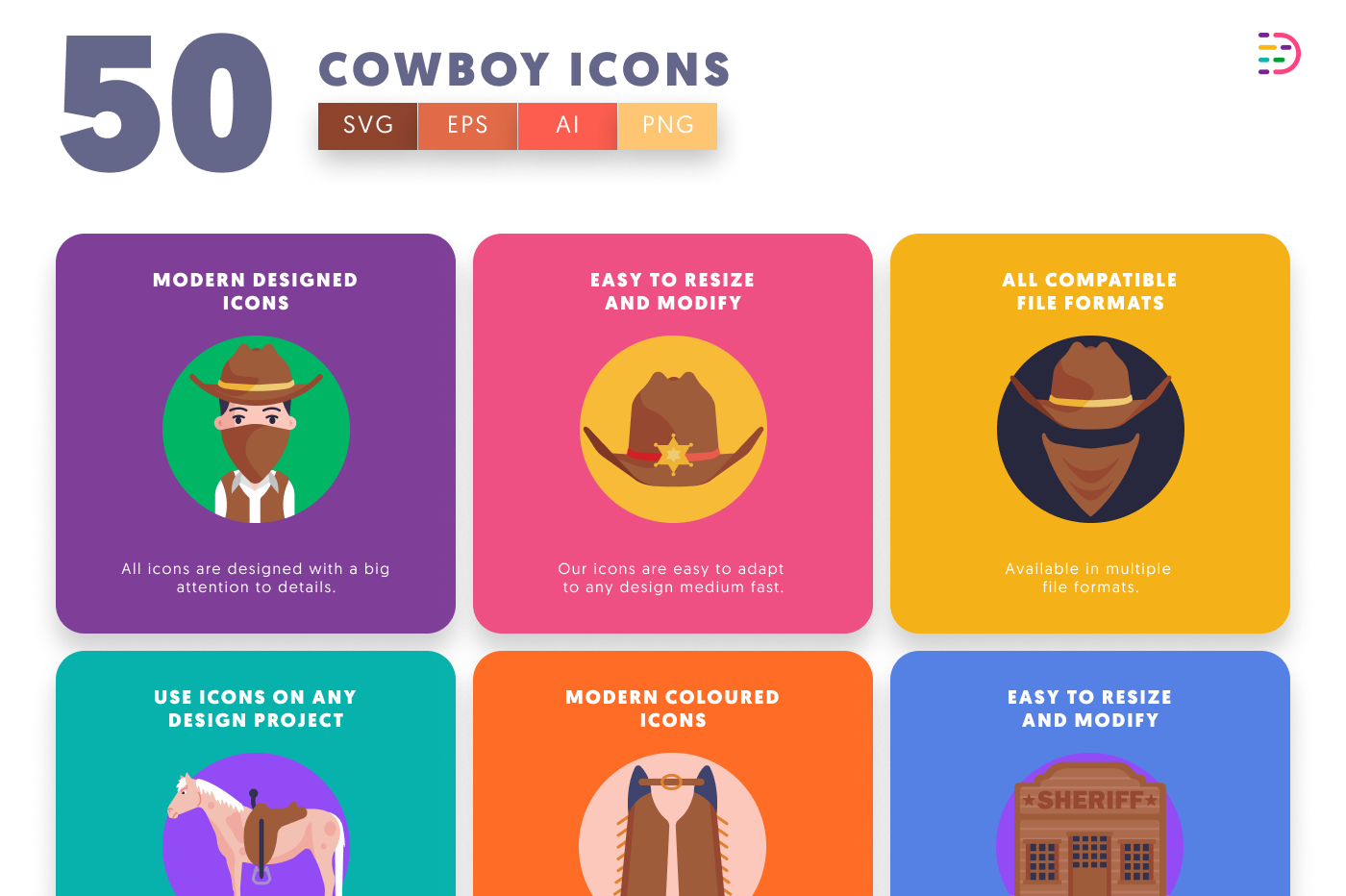 50 Cowboy Icons preview 5 – flat circle icons in PNG, SVG and EPS