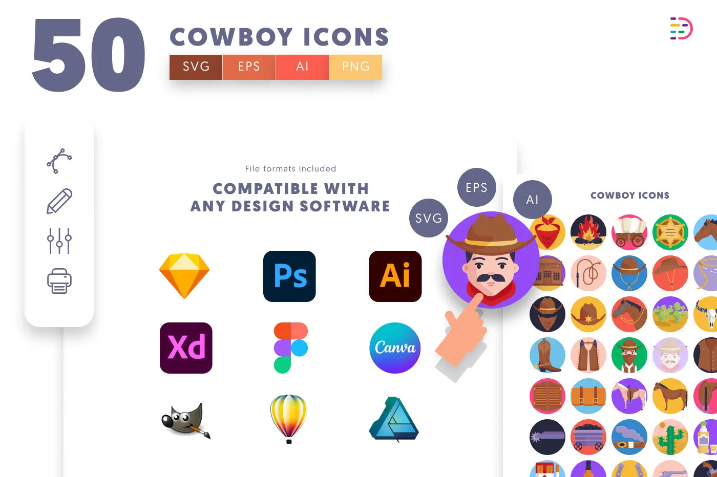 50 Cowboy Icons preview 8 – flat circle icons in PNG, SVG and EPS