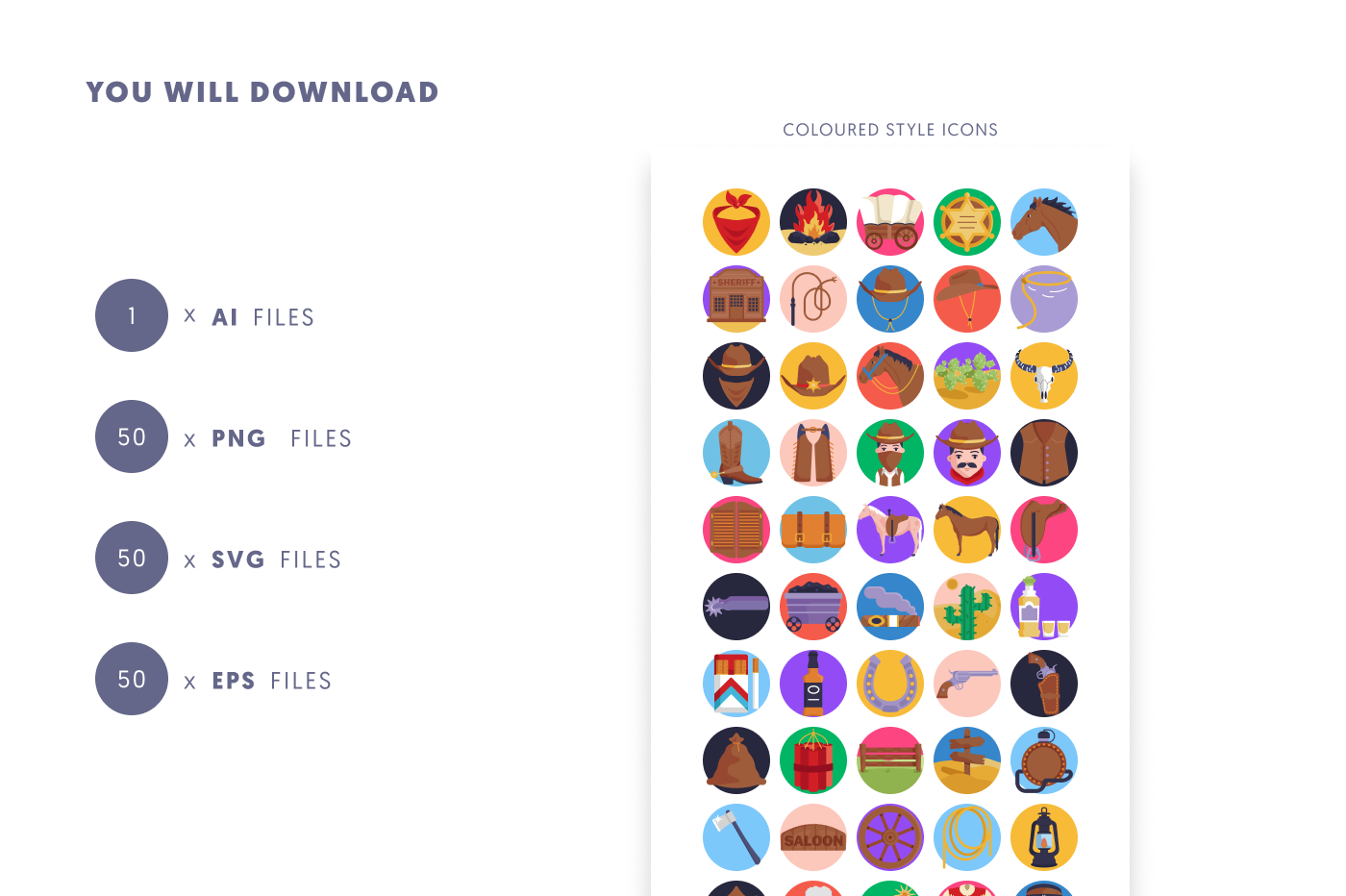 50 Cowboy Icons preview 9 – flat circle icons in PNG, SVG and EPS