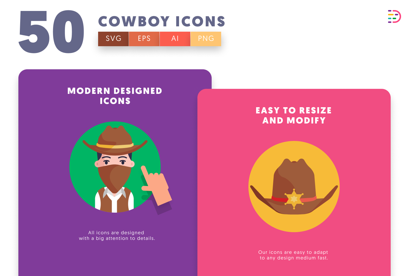 50 Cowboy Icons cover – flat circle icons in PNG, SVG and EPS