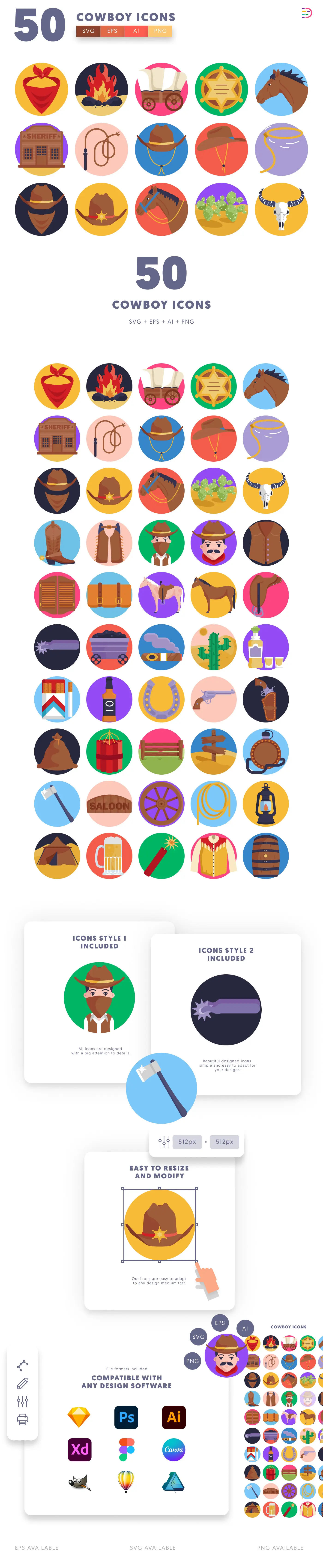 50 Cowboy Icons cover – flat circle icons in PNG, SVG and EPS