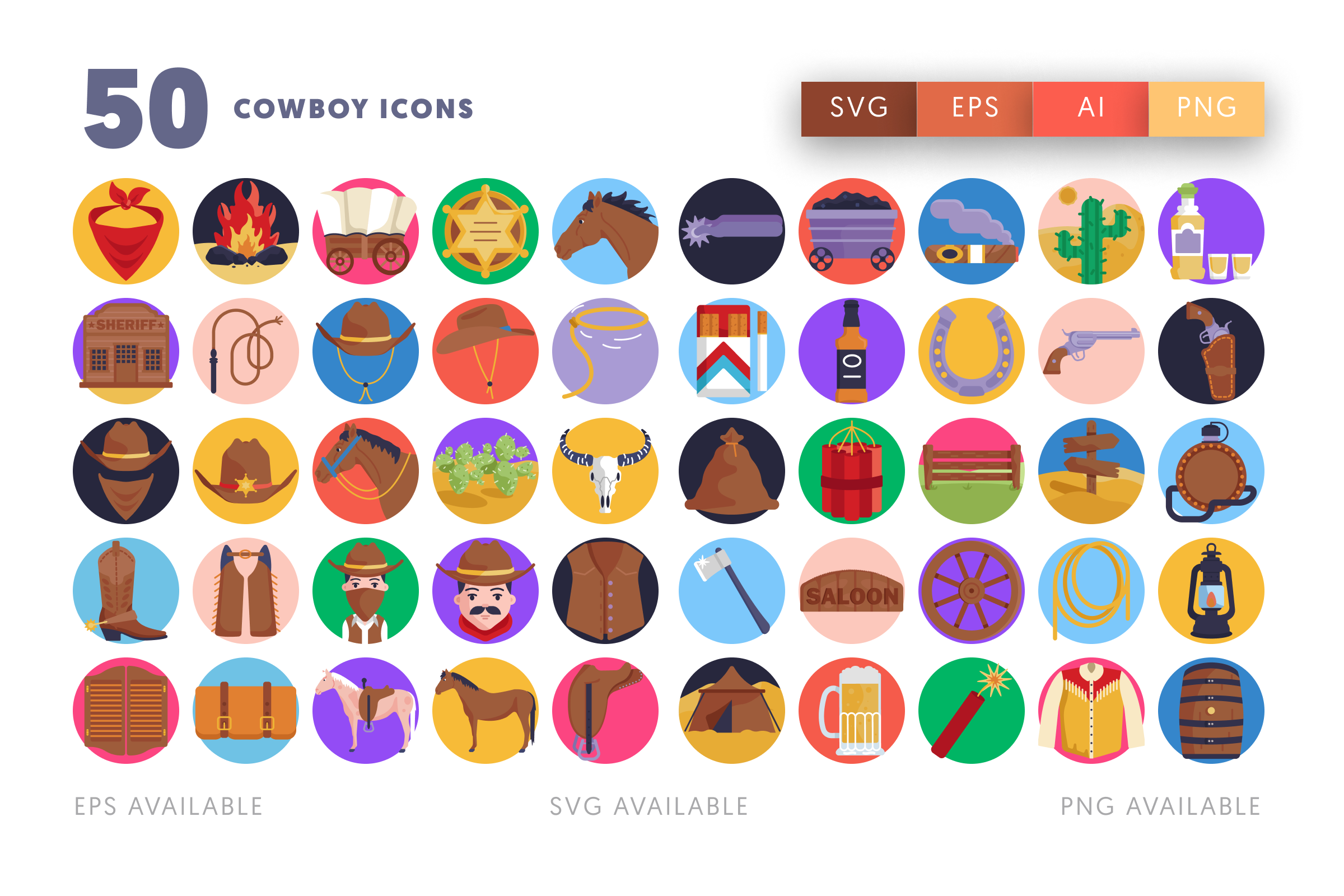 50 Cowboy Icons – flat circle icon set