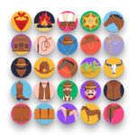 50 Cowboy Icons – set of colorful flat circle icons