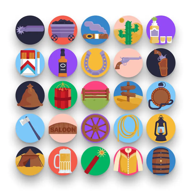 50 Cowboy Icons – set of colorful flat circle icons