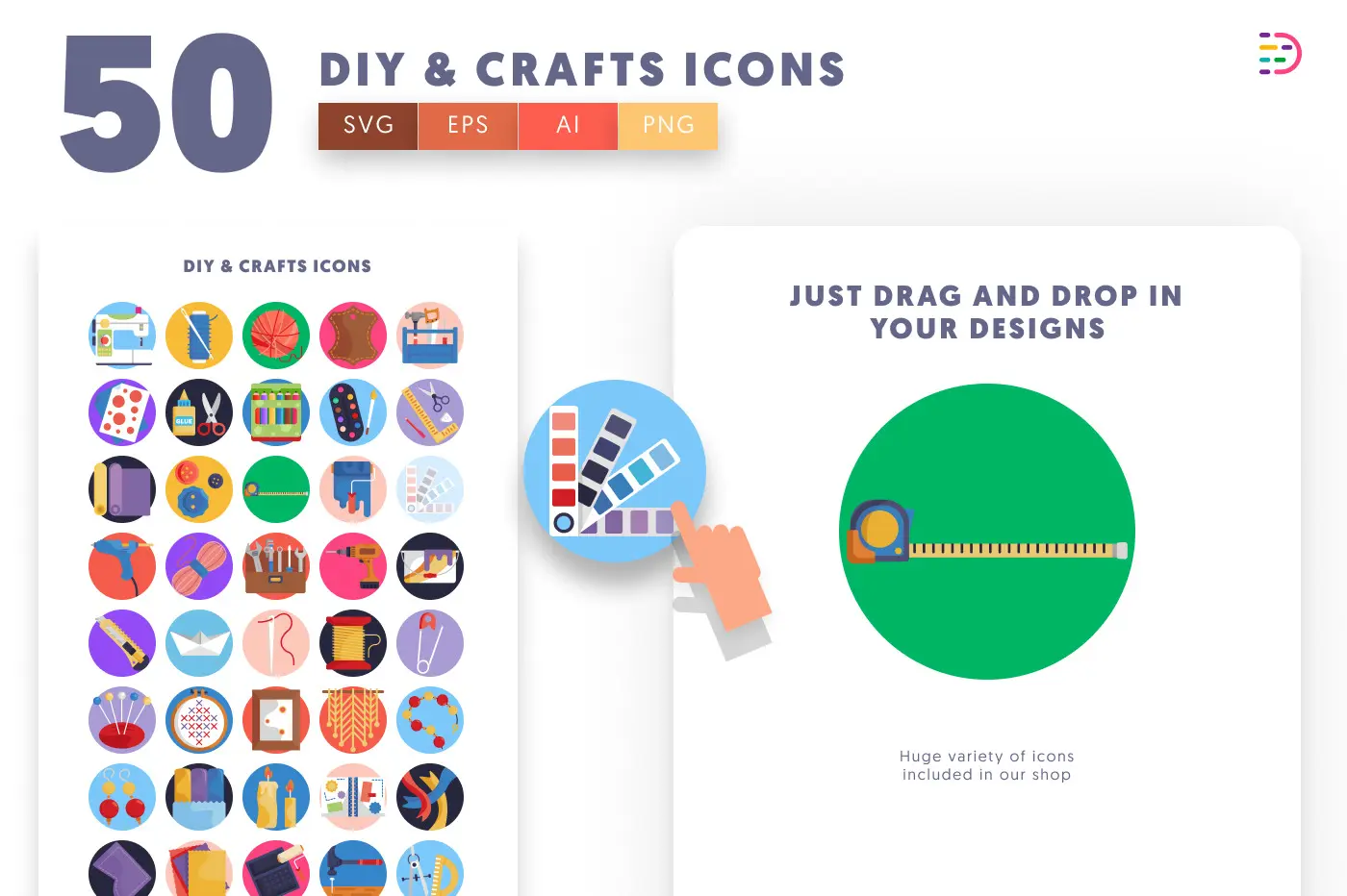 50 DIY & Crafts Icons preview 1 – flat circle icons in PNG, SVG and EPS