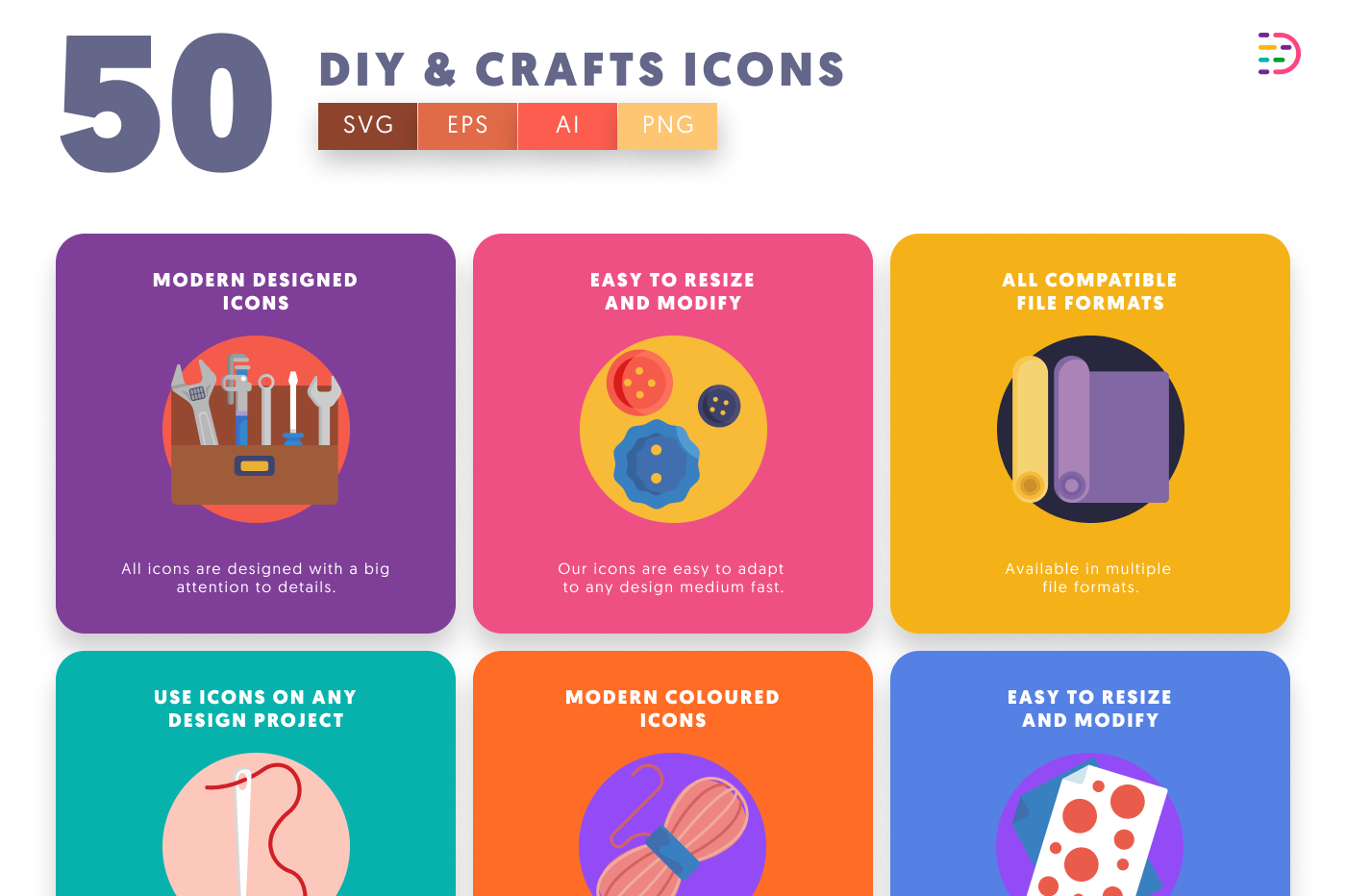 50 DIY & Crafts Icons preview 5 – flat circle icons in PNG, SVG and EPS