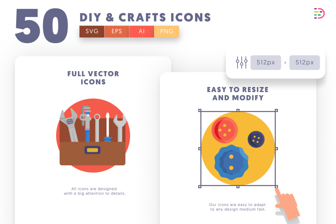 50 DIY & Crafts Icons – Handmade, Crafting, and Sewing Icon Set