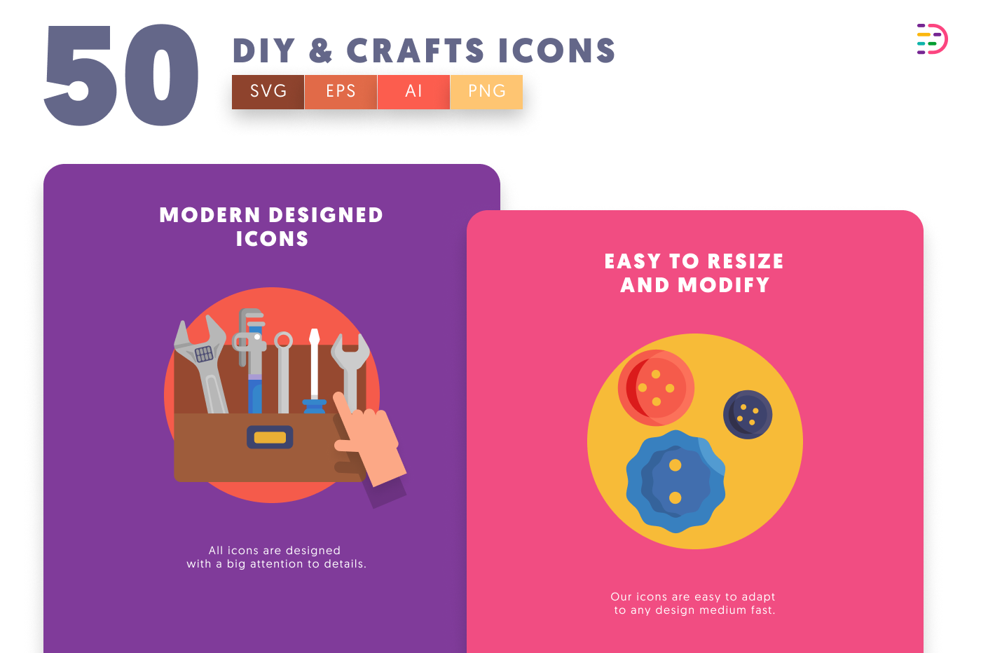 50 DIY & Crafts Icons cover – flat circle icons in PNG, SVG and EPS