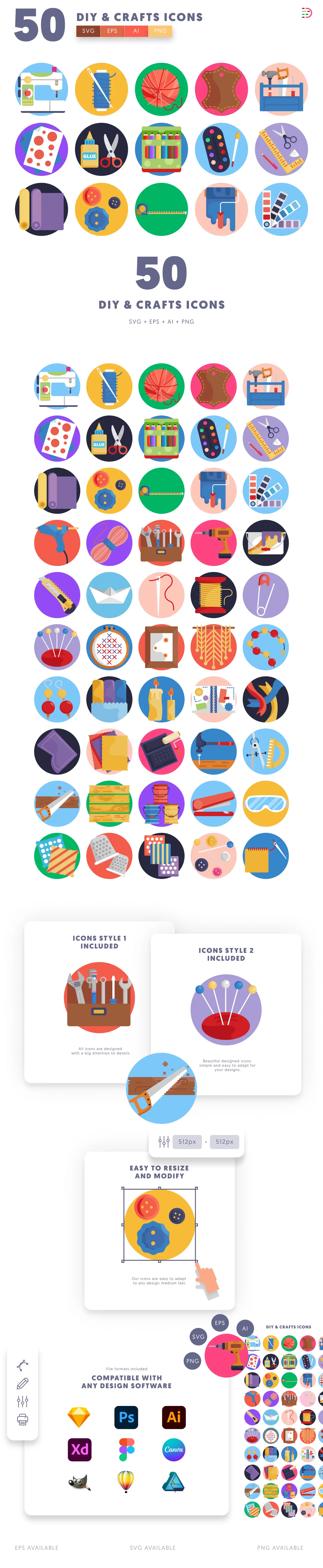 50 DIY & Crafts Icons cover – flat circle icons in PNG, SVG and EPS
