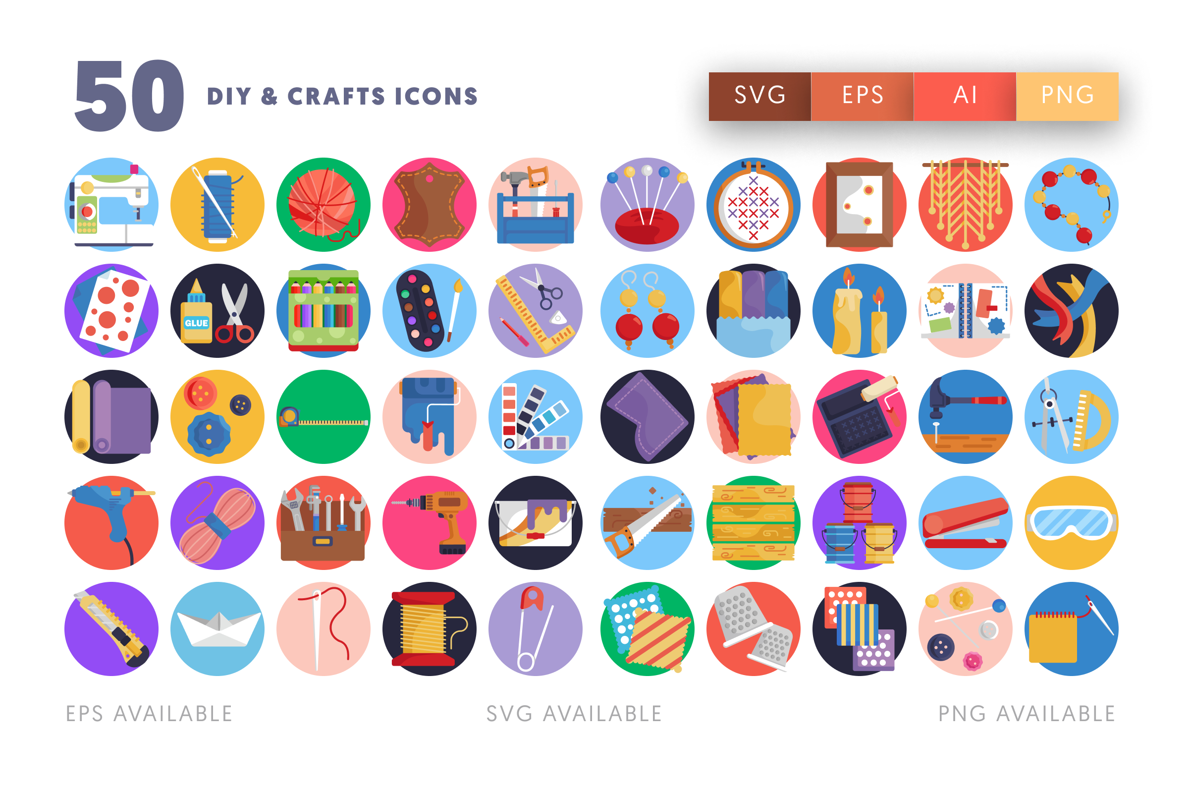 50 DIY & Crafts Icons – flat circle icon set