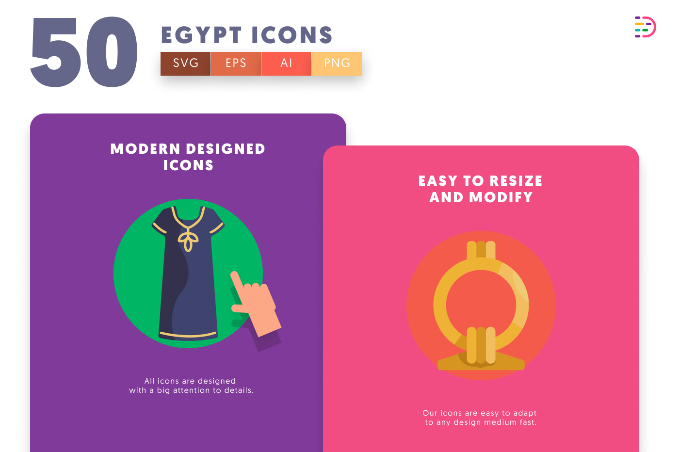 50 Egypt Icons cover – flat circle icons in PNG, SVG and EPS