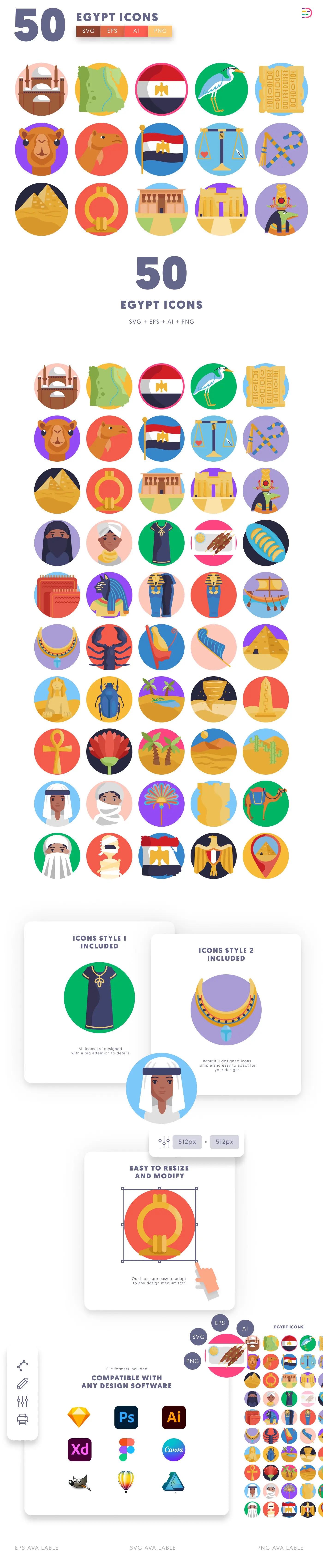 50 Egypt Icons cover – flat circle icons in PNG, SVG and EPS