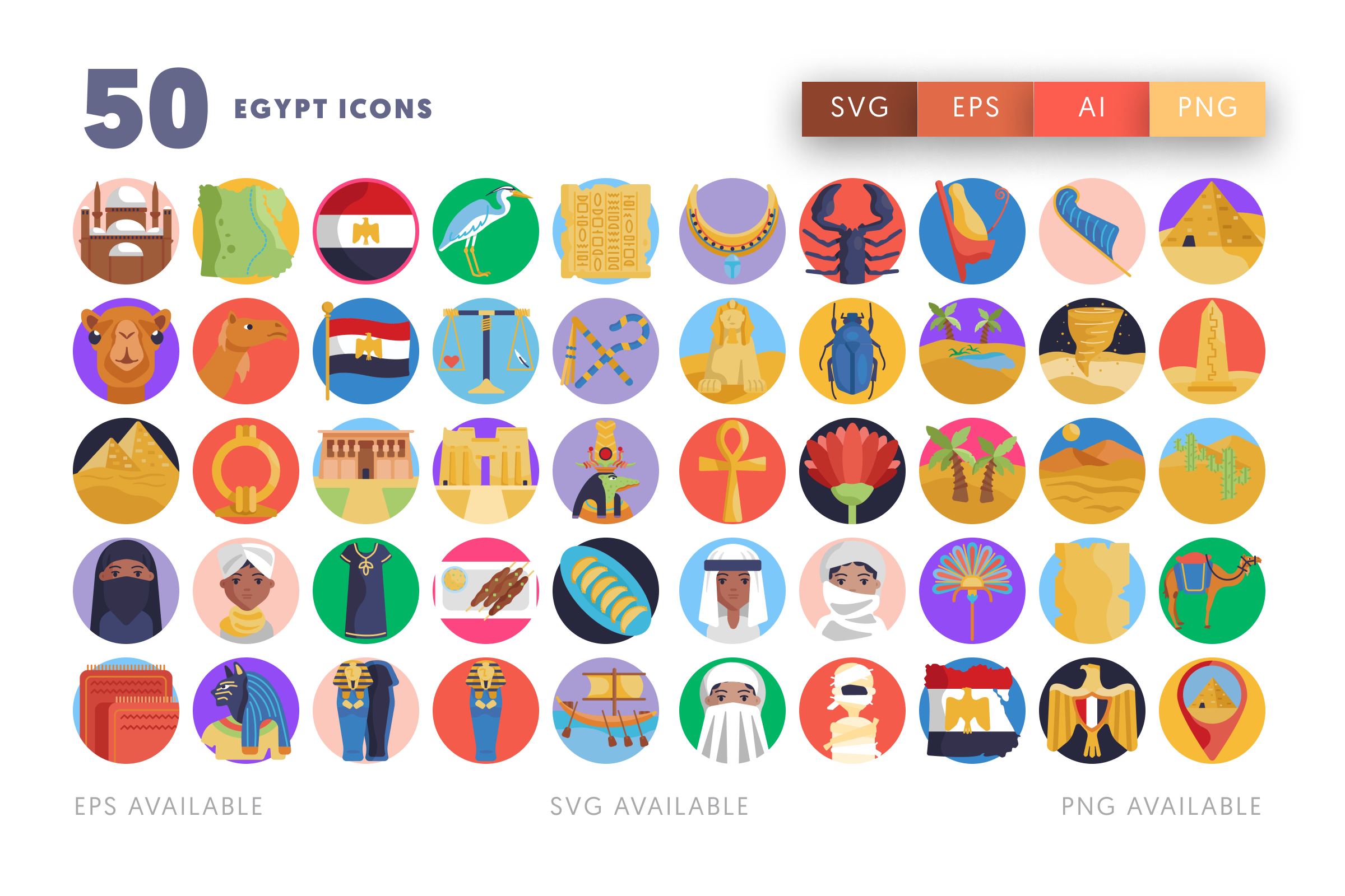50 Egypt Icons – flat circle icon set