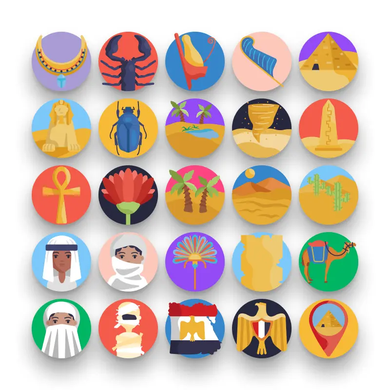 50 Egypt Icons – set of colorful flat circle icons