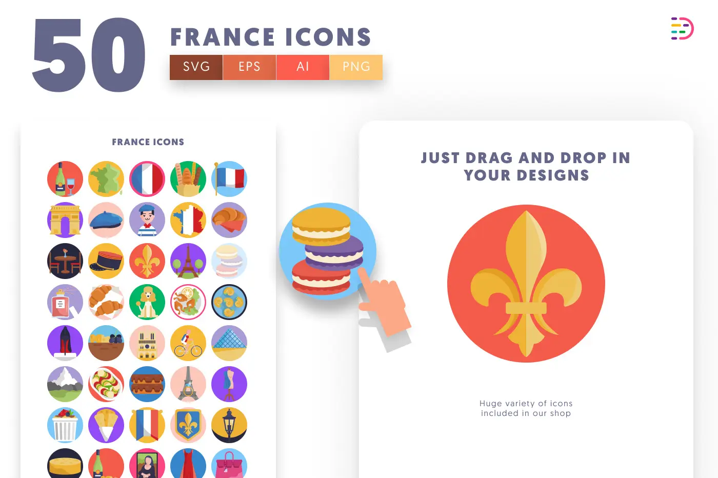50 France Icons preview 1 – flat circle icons in PNG, SVG and EPS