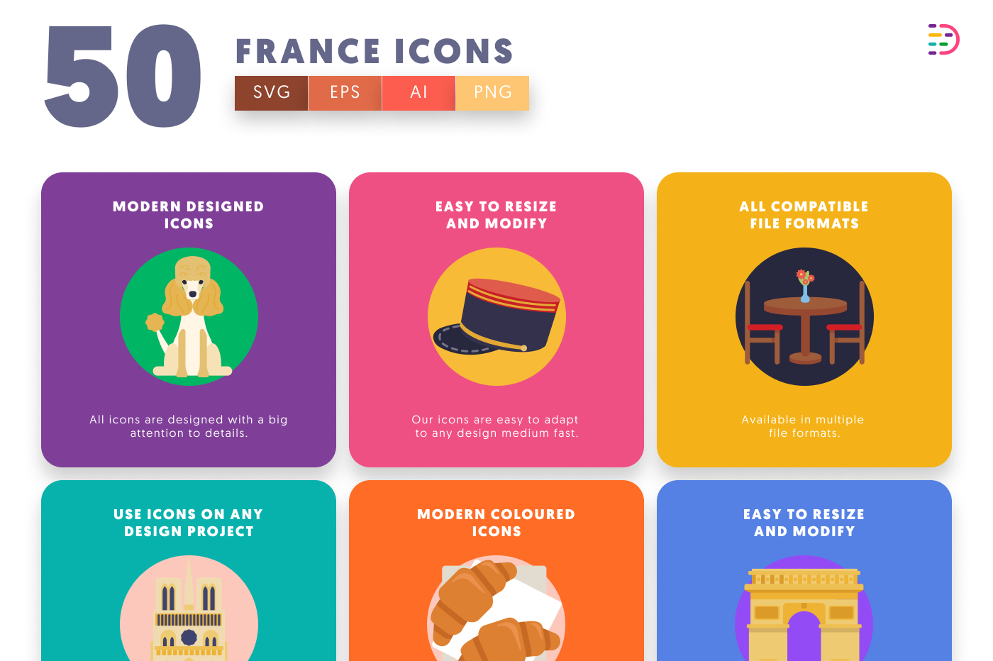 50 France Icons preview 5 – flat circle icons in PNG, SVG and EPS