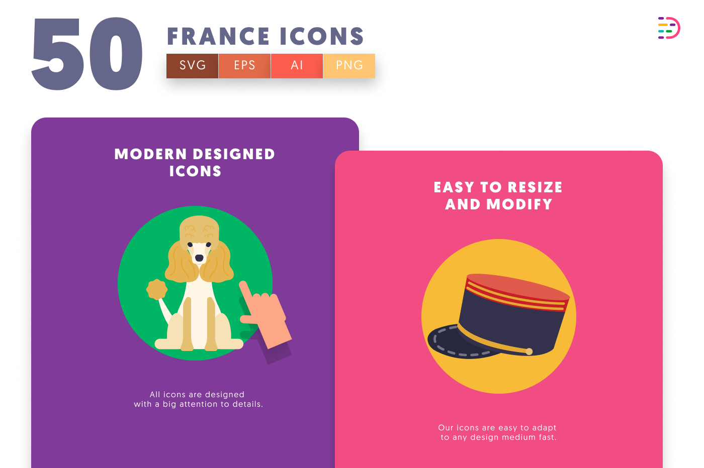 50 France Icons cover – flat circle icons in PNG, SVG and EPS