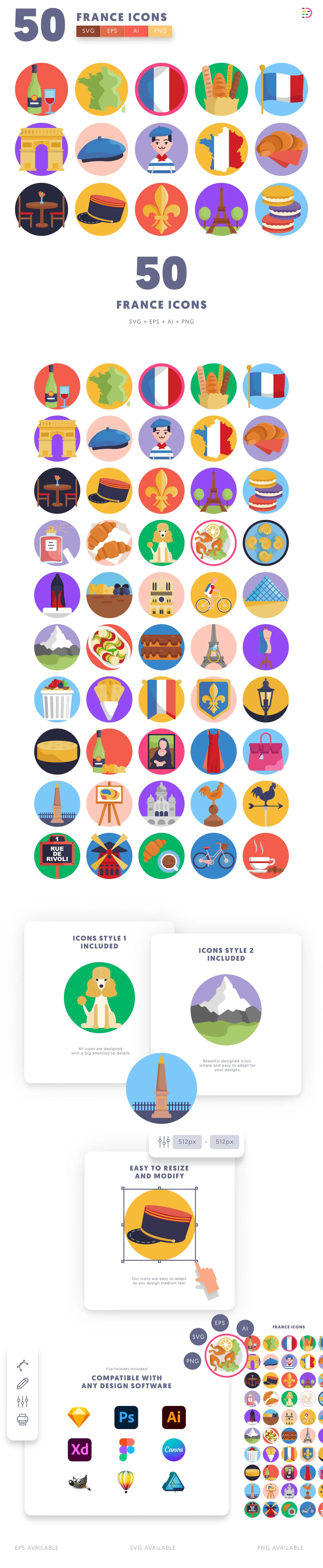 50 France Icons cover – flat circle icons in PNG, SVG and EPS