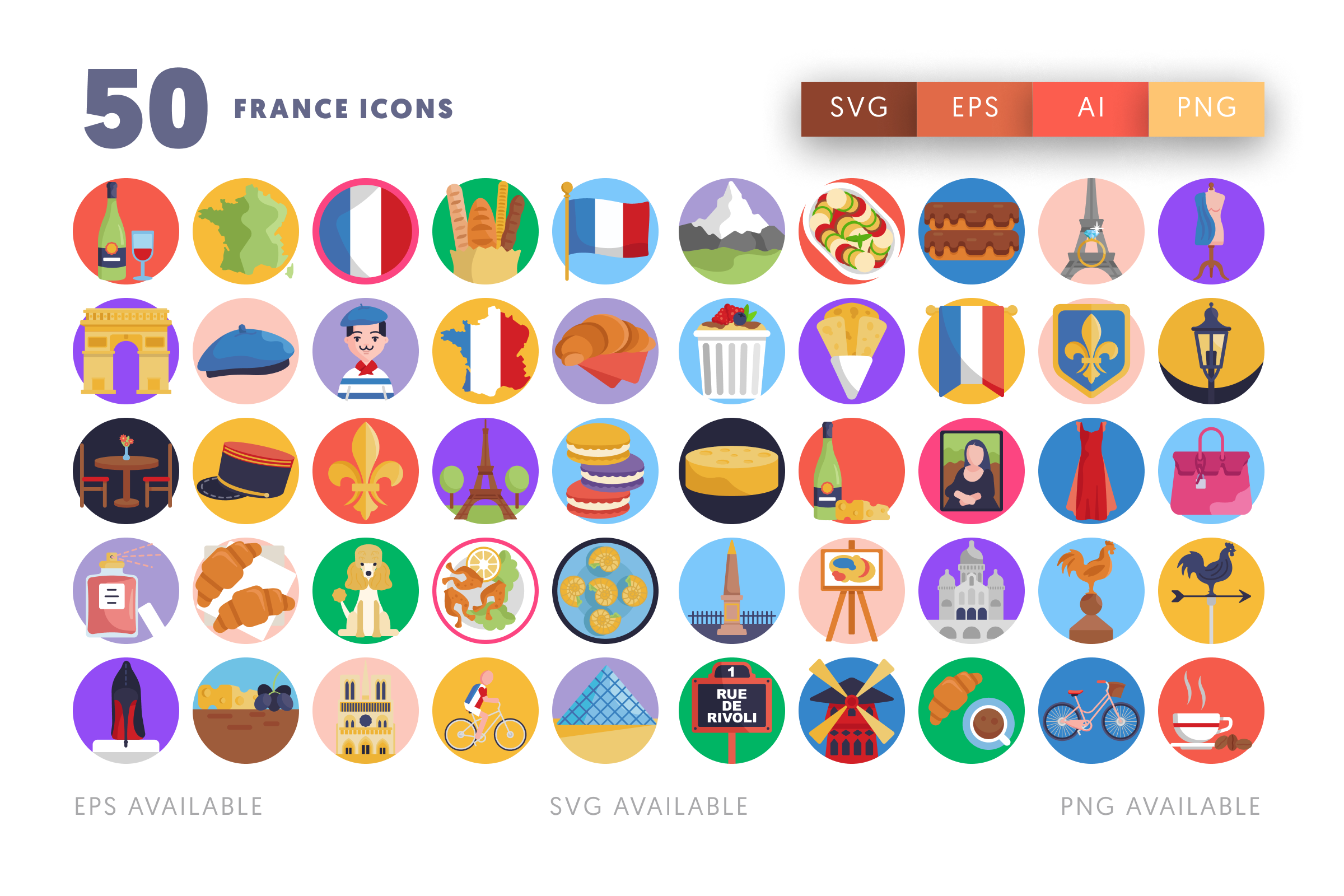 50 France Icons – flat circle icon set