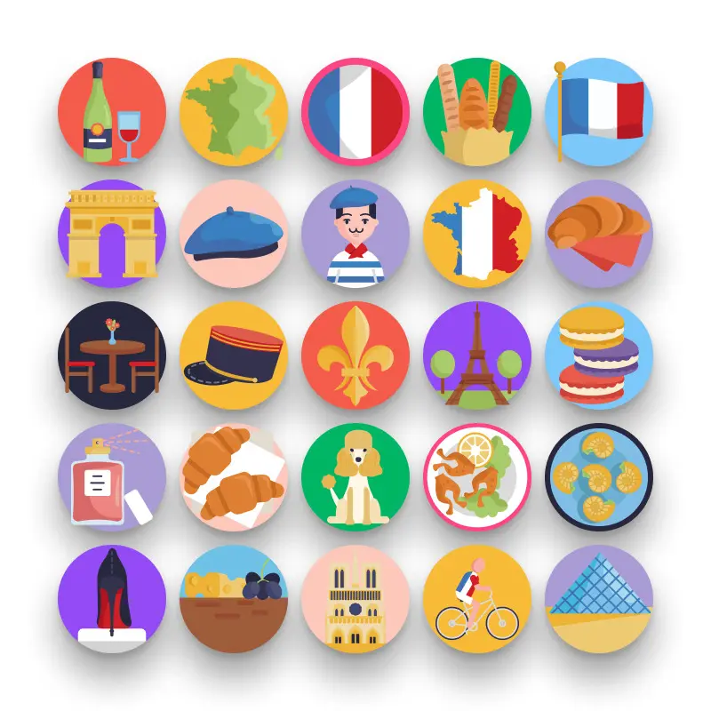 50 France Icons – set of colorful flat circle icons