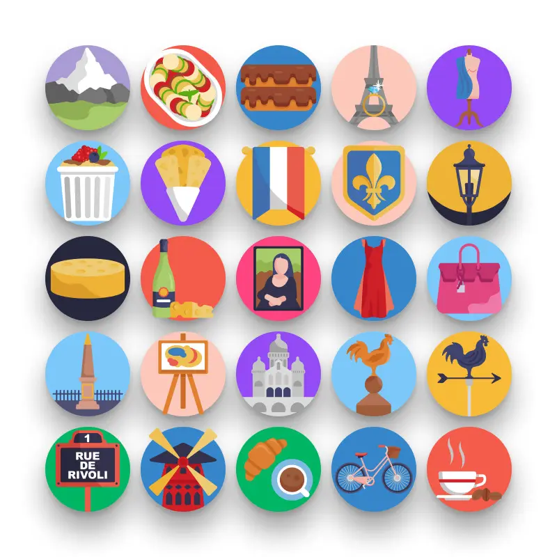 50 France Icons – set of colorful flat circle icons