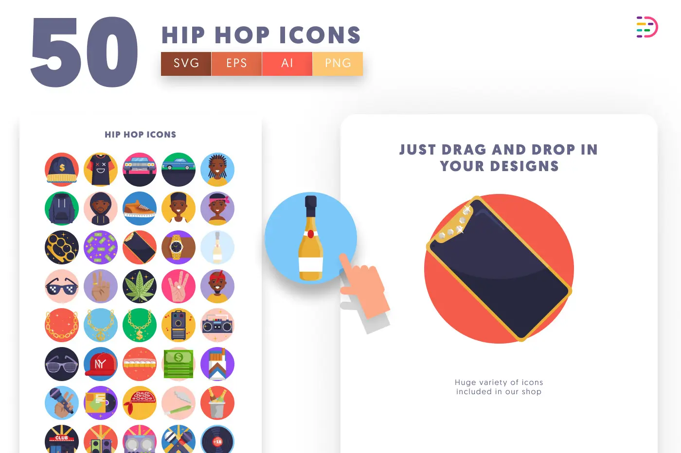 50 Hip Hop Icons preview 1 – flat circle icons in PNG, SVG and EPS