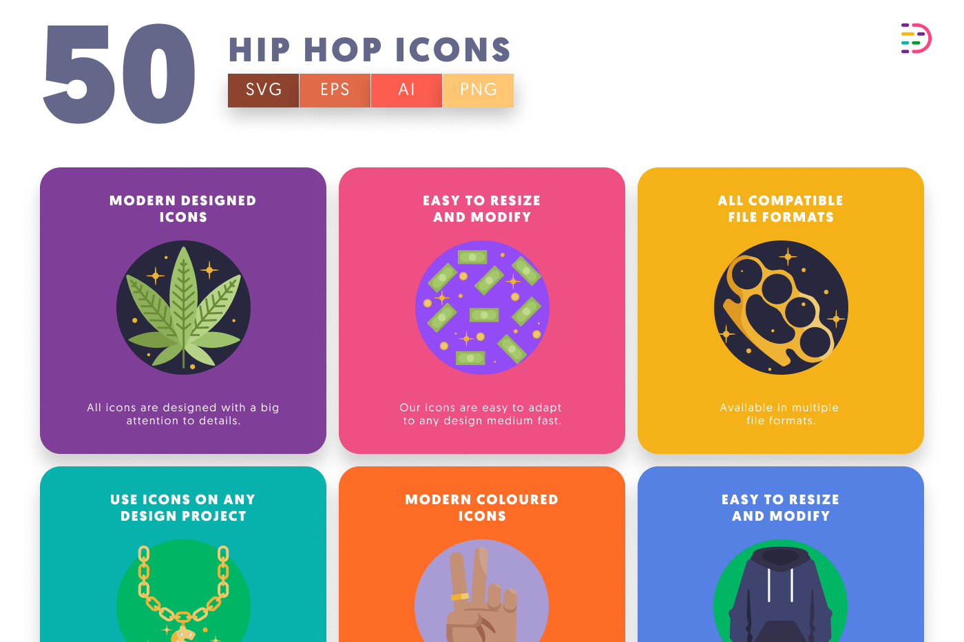 50 Hip Hop Icons preview 5 – flat circle icons in PNG, SVG and EPS