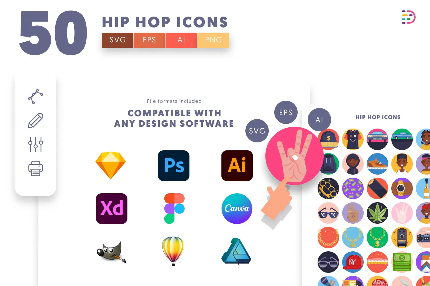 50 Hip Hop Icons preview 8 – flat circle icons in PNG, SVG and EPS