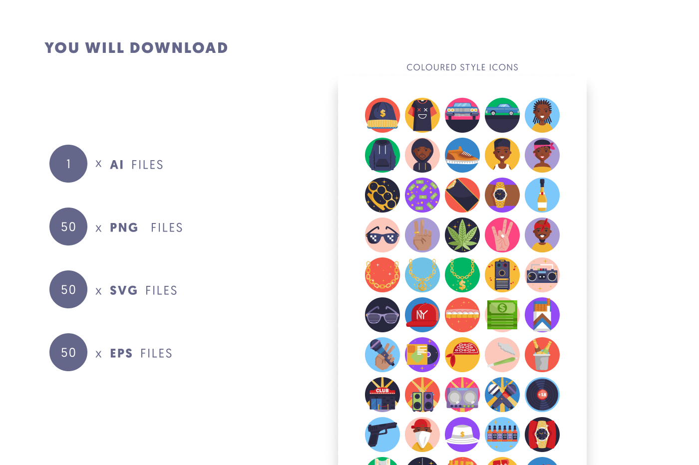 50 Hip Hop Icons preview 9 – flat circle icons in PNG, SVG and EPS