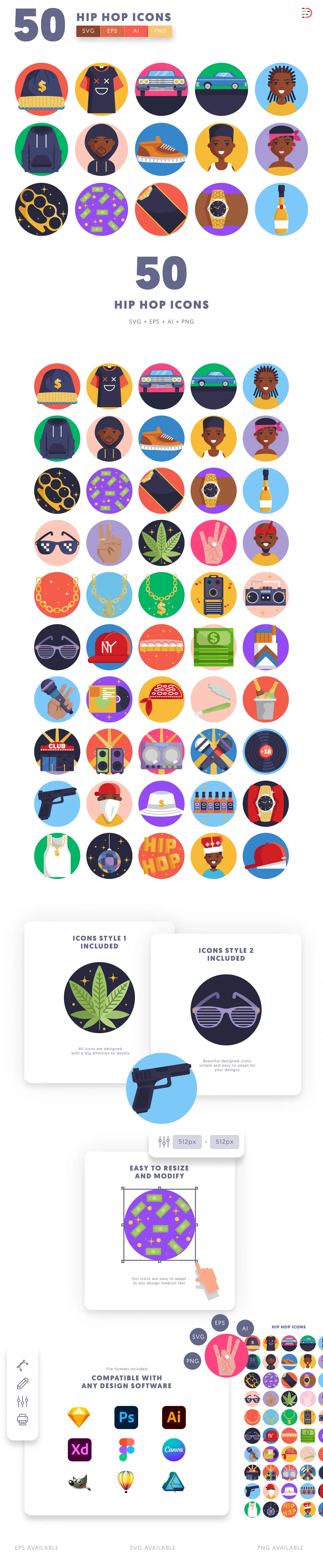 50 Hip Hop Icons cover – flat circle icons in PNG, SVG and EPS