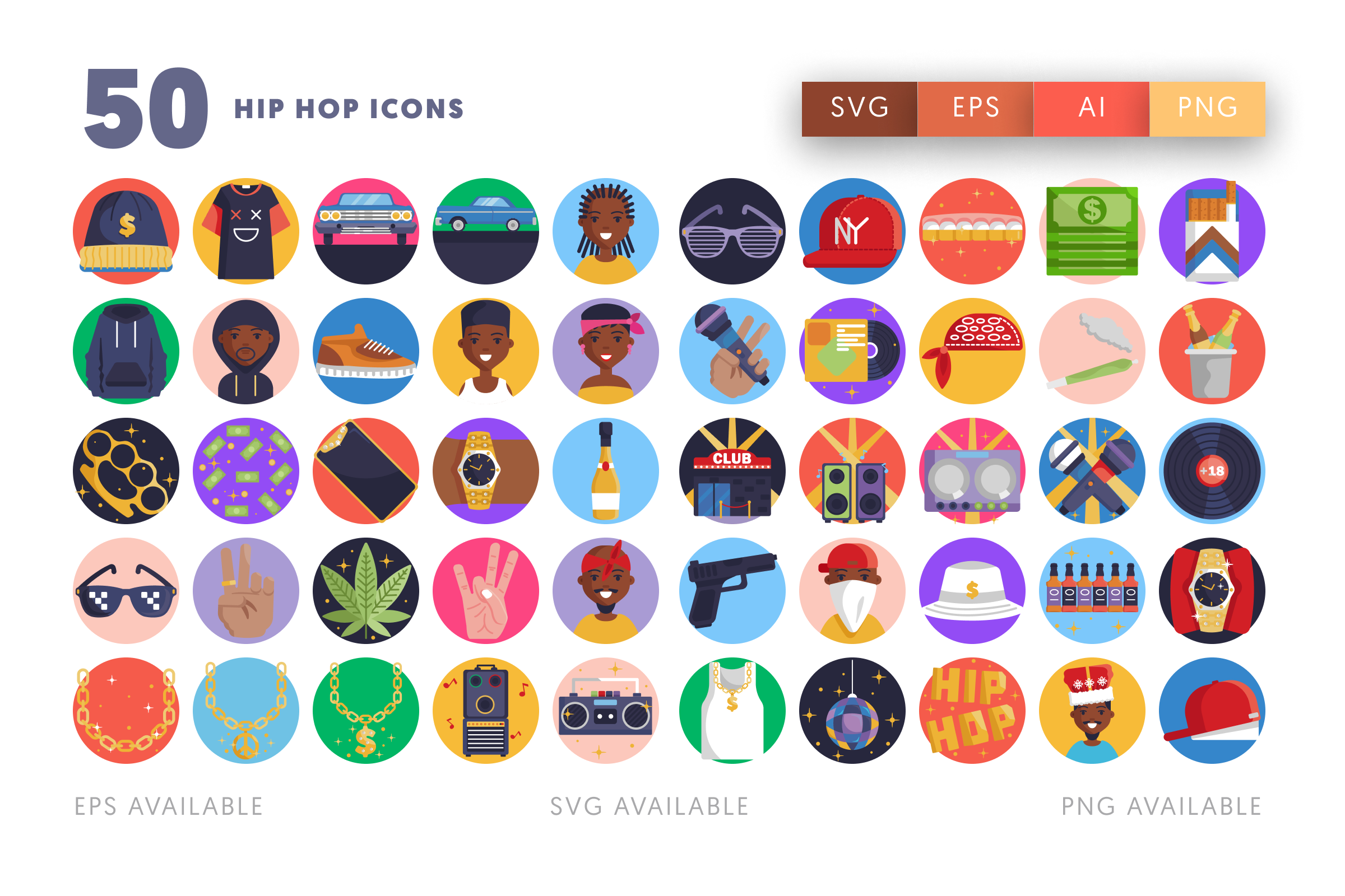 50 Hip Hop Icons – flat circle icon set