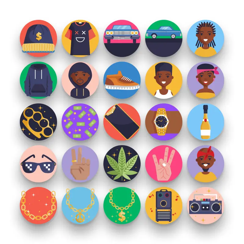 50 Hip Hop Icons – set of colorful flat circle icons