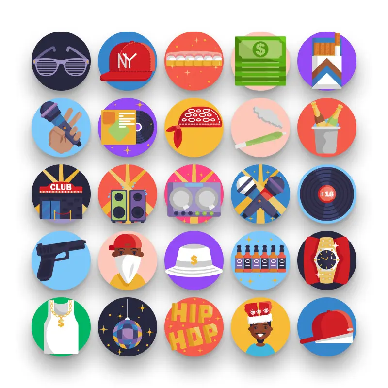 50 Hip Hop Icons – set of colorful flat circle icons