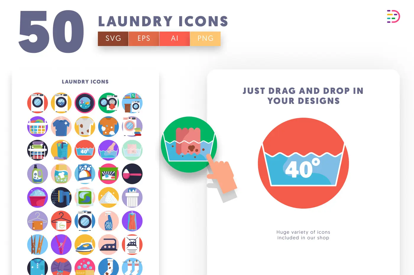 50 Laundry Icons preview 1 – flat circle icons in PNG, SVG and EPS