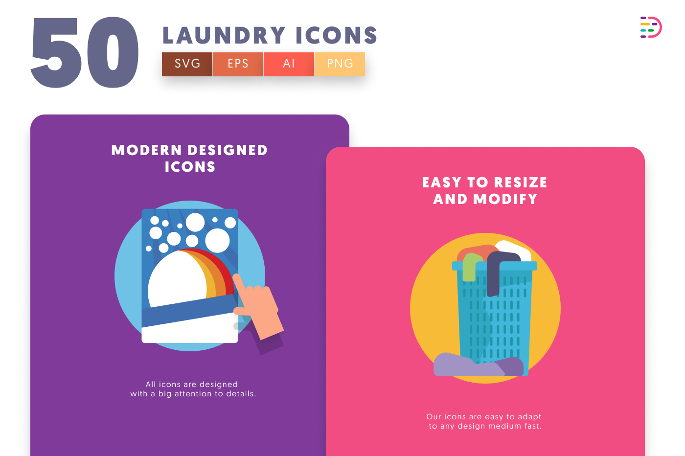50 Laundry Icons cover – flat circle icons in PNG, SVG and EPS