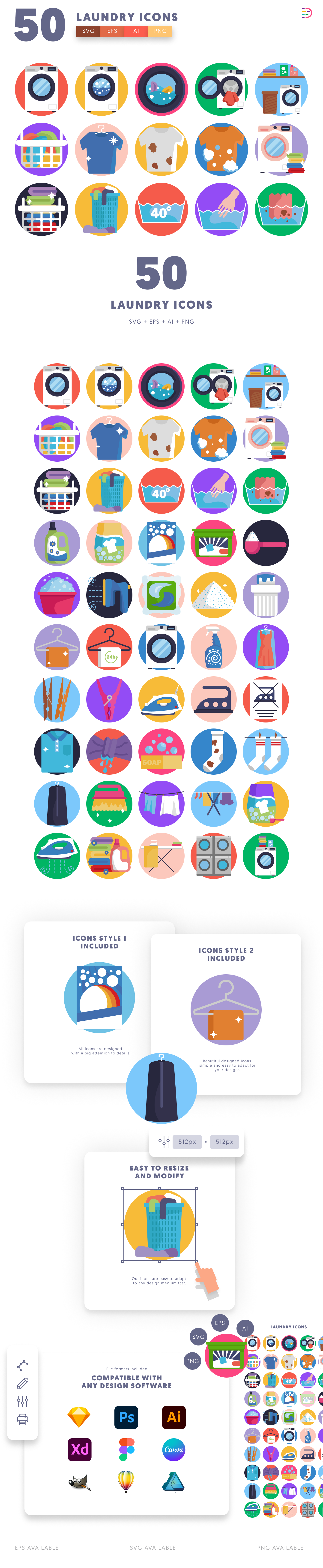 50 Laundry Icons cover – flat circle icons in PNG, SVG and EPS