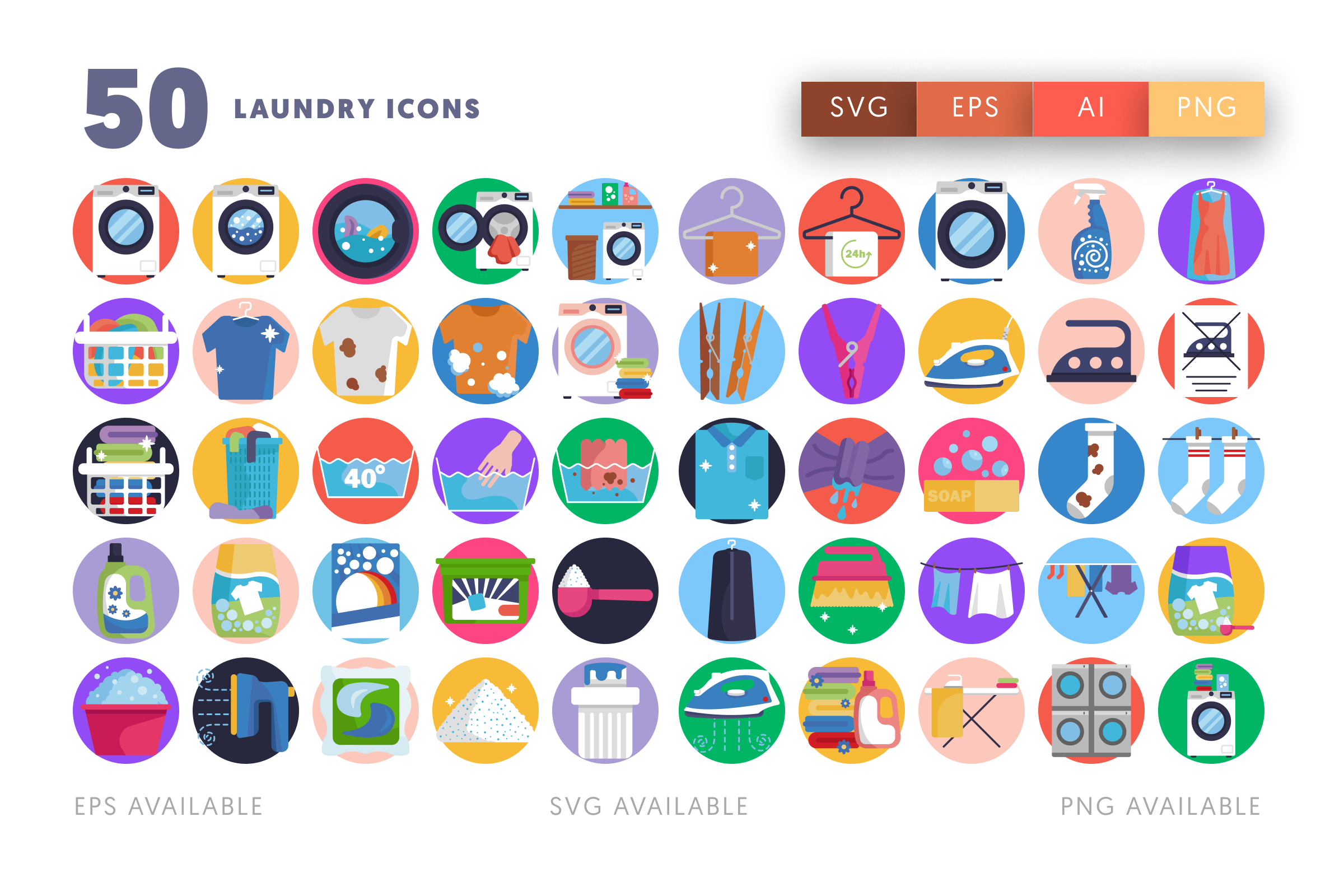 50 Laundry Icons – flat circle icon set