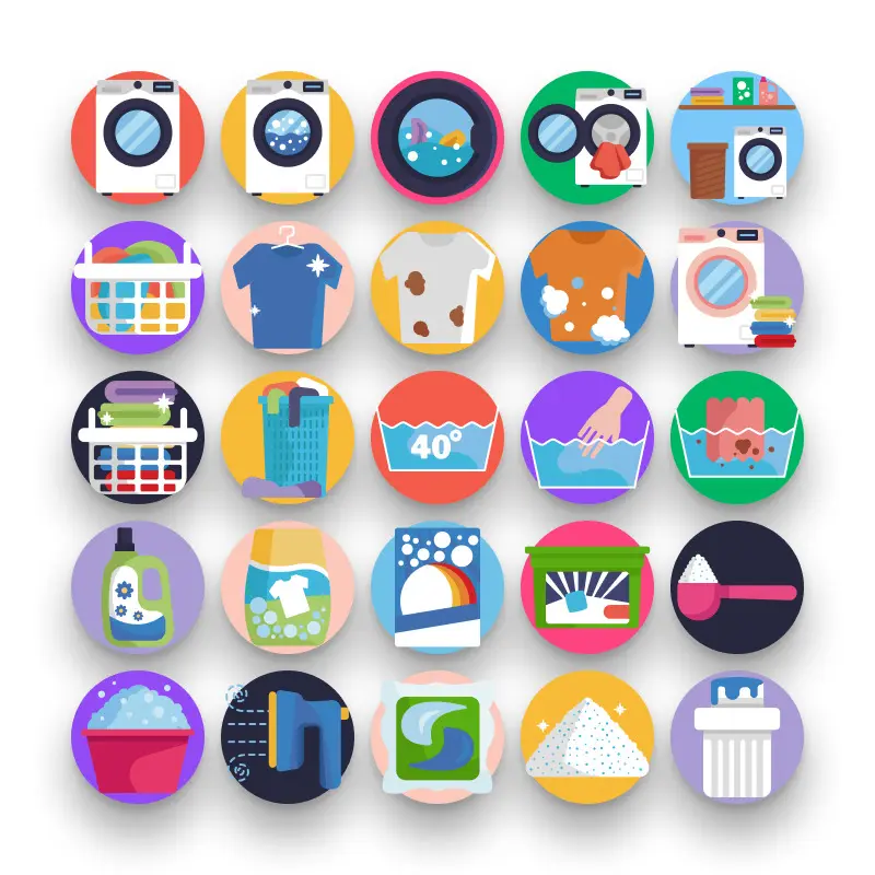 50 Laundry Icons – set of colorful flat circle icons