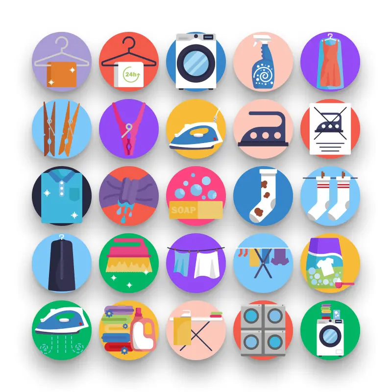 50 Laundry Icons – set of colorful flat circle icons