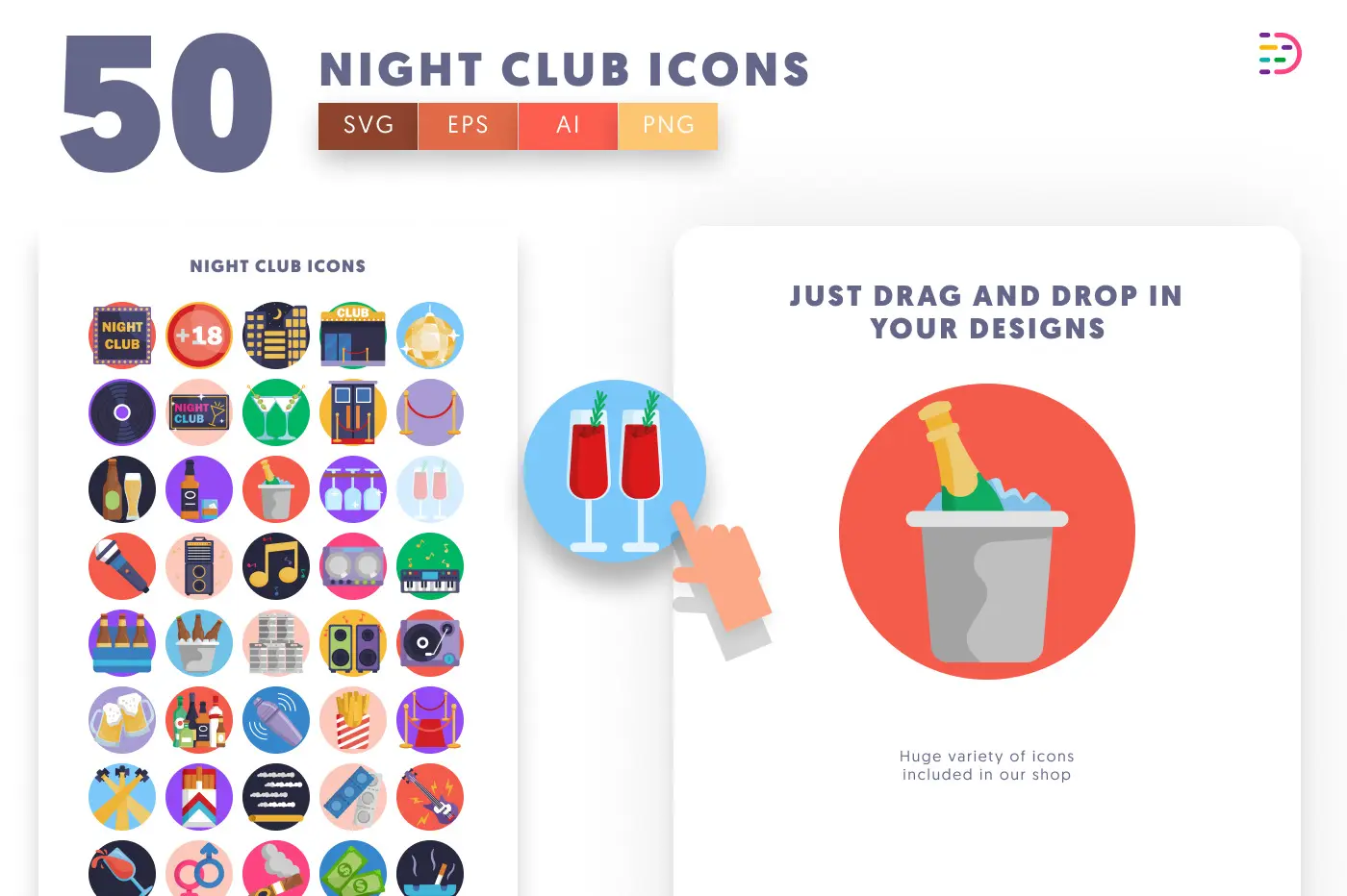 50 Night Club Icons preview 1 – flat circle icons in PNG, SVG and EPS