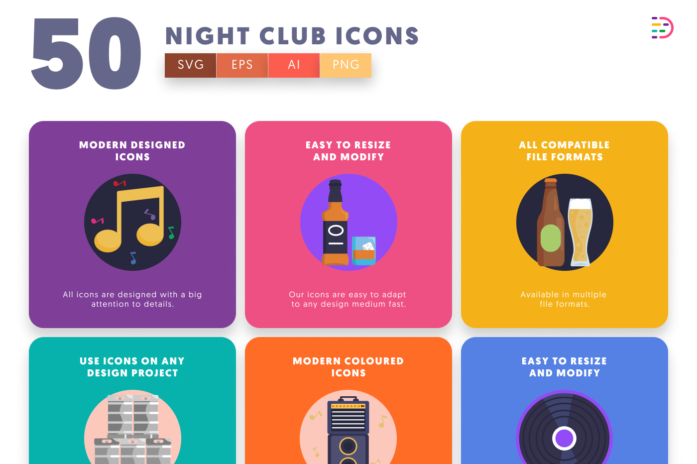 50 Night Club Icons preview 5 – flat circle icons in PNG, SVG and EPS