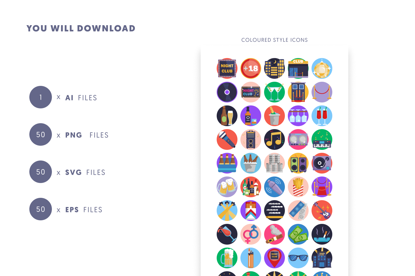 50 Night Club Icons preview 9 – flat circle icons in PNG, SVG and EPS