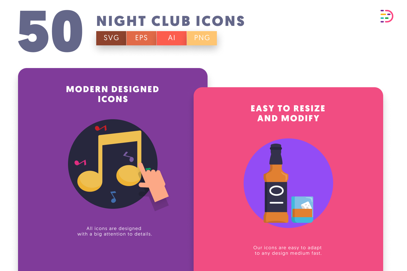 50 Night Club Icons cover – flat circle icons in PNG, SVG and EPS