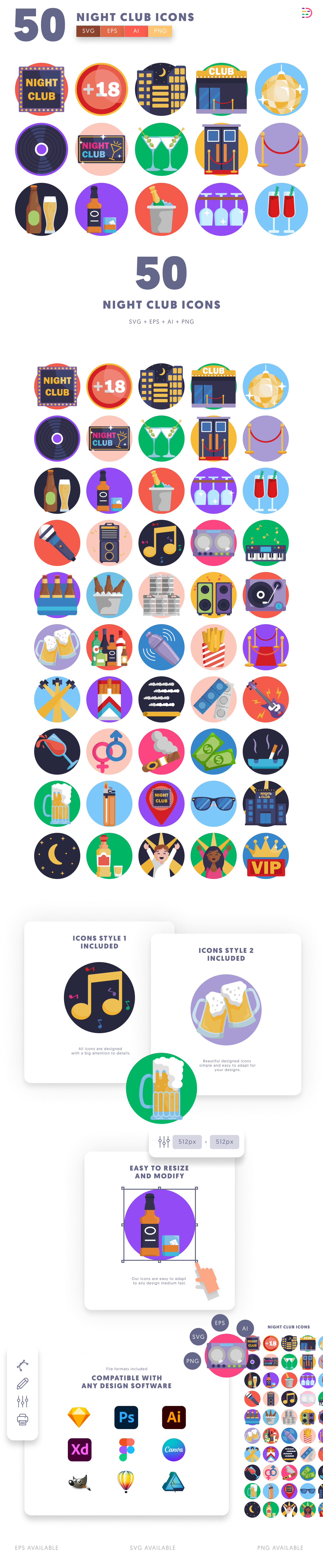 50 Night Club Icons cover – flat circle icons in PNG, SVG and EPS